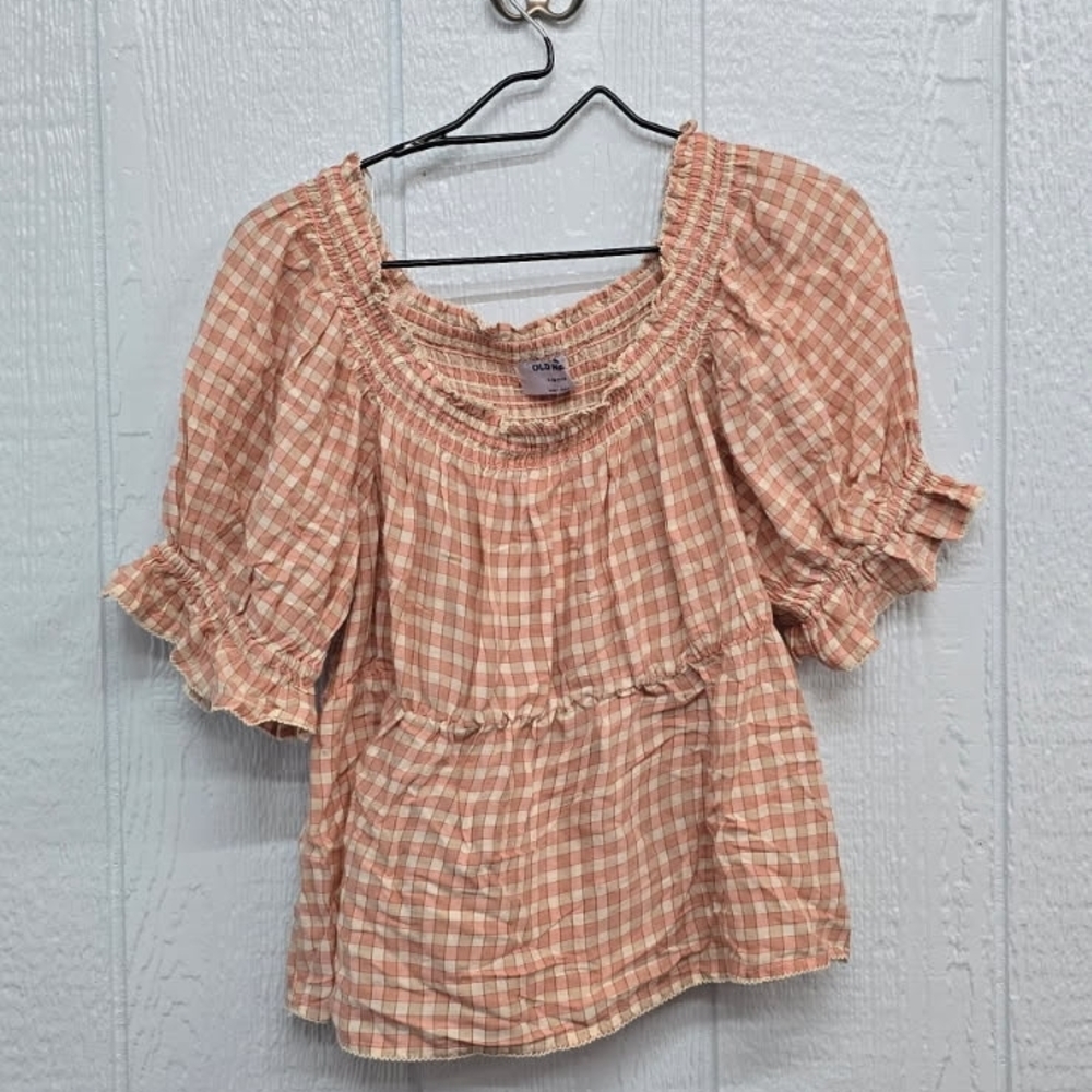 NWT Old Navy Peach Checkered Blouse with Ruffle Sleeves